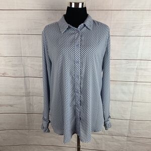 WhoWhatWear blouse collar long-sleeve button-down large 10 blue ruffle geometric